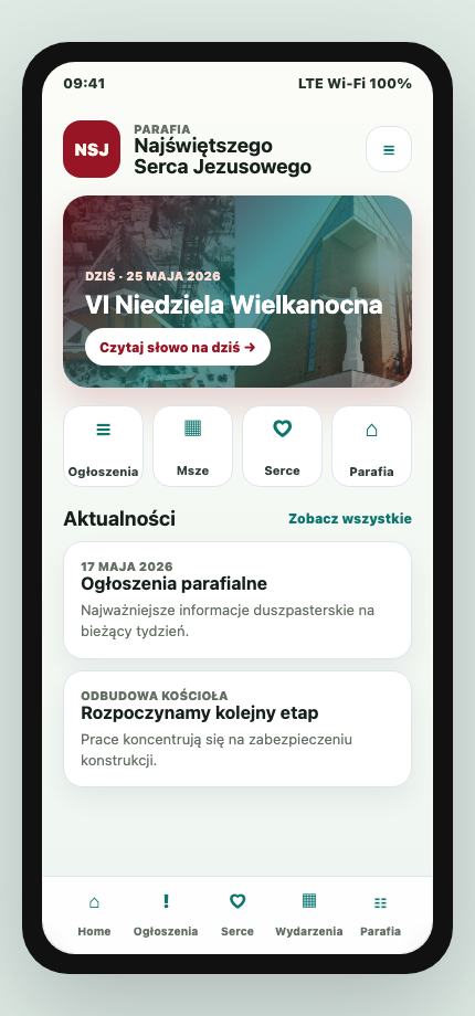 Ekran główny aplikacji parafialnej Curia Vita